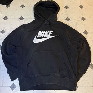 Nike Pullover Hoodie Black Fleece Big Logo Swoosh Sweatshirt Men's Medium